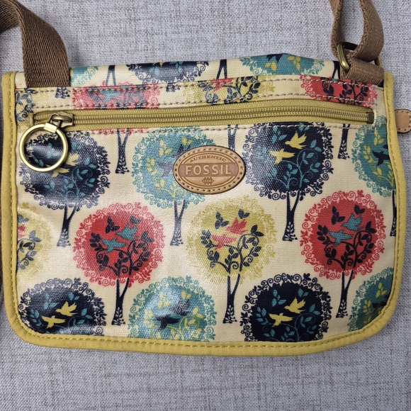 Fossil Key-Per Vintage Crossbody Bag Coated Canvas Tree Bird Nature Print Y2K - Picture 3 of 13